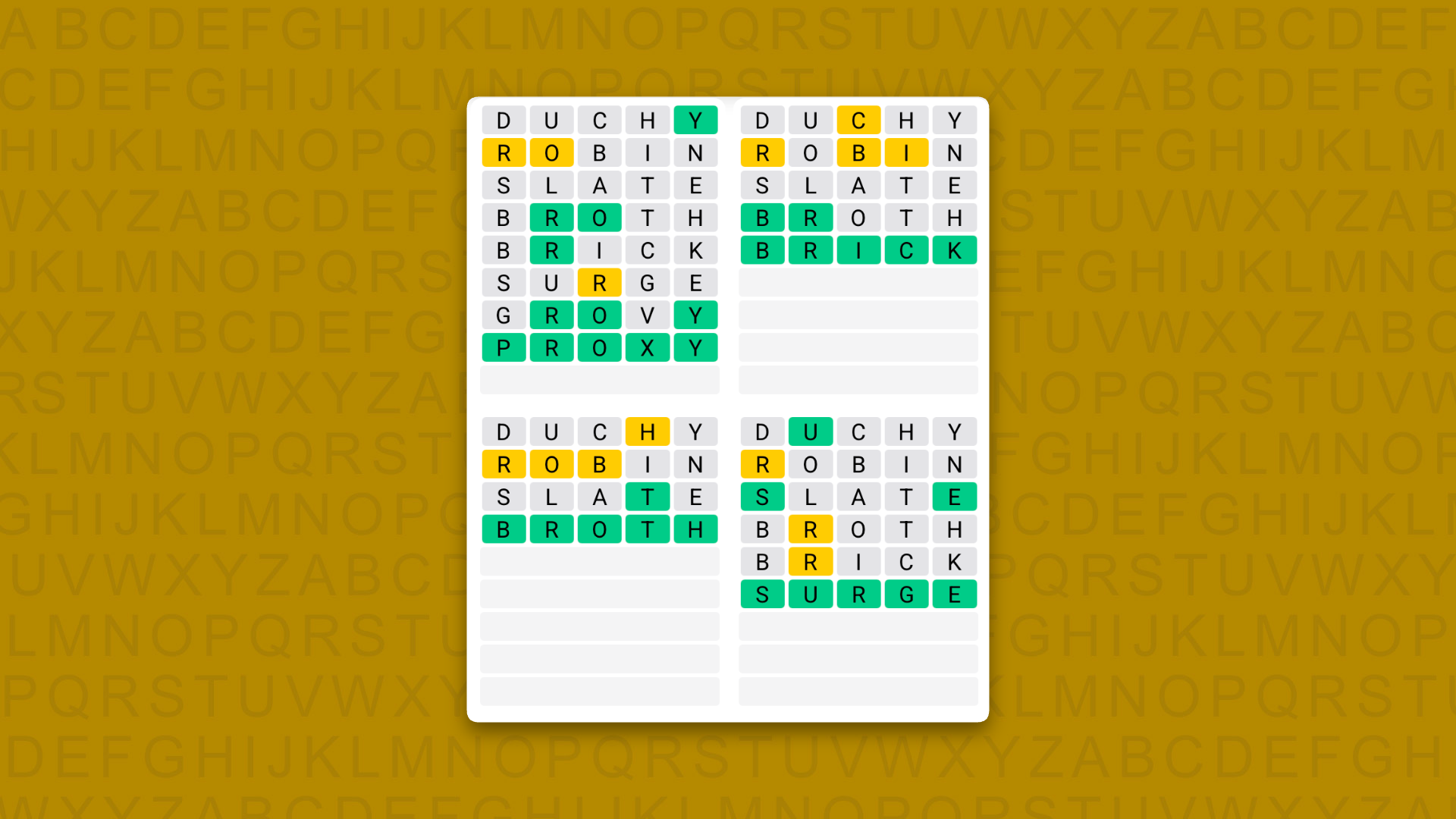 Quordle answers for game 1633 on a yellow background
