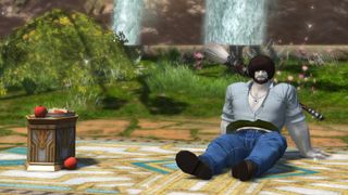 Buff Ross reclines on a picnic blanket in Elpis.