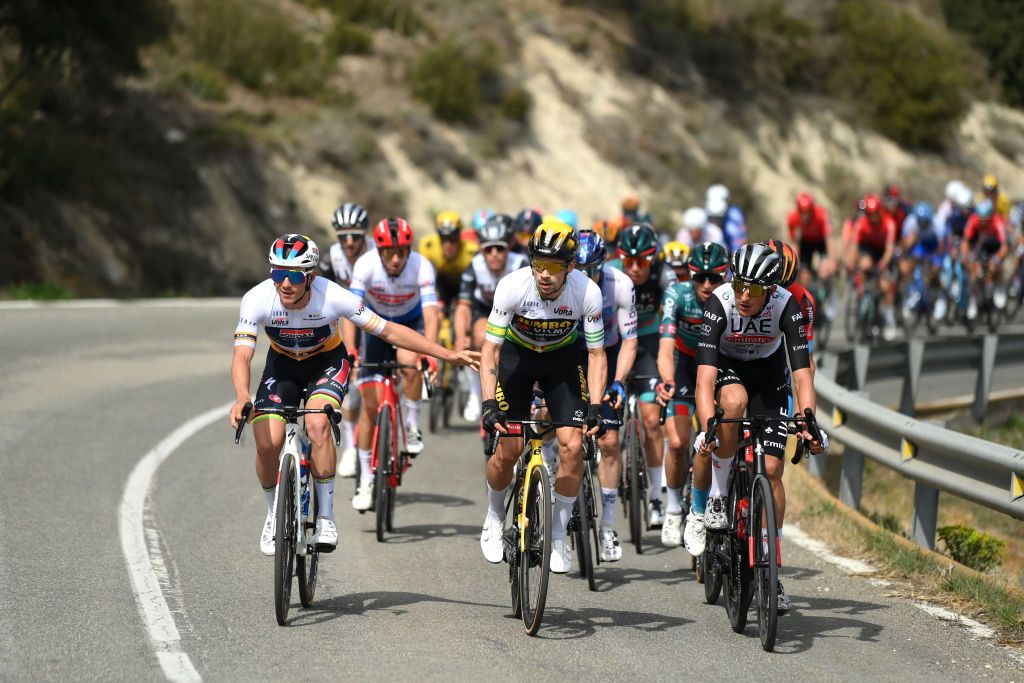 MOLINS DE REI SPAIN MARCH 25 LR Remco Evenepoel of Belgium and Team Soudal QuickStep Yellow Best Young Rider Jersey Primoz Roglic of Slovenia and Team JumboVisma Green Leader Jersey and Marc Soler of Spain and UAE Team Emirates compete during the 102nd Volta Ciclista a Catalunya 2023 Stage 6 a 1741km stage from Martorell to Molins de Rei UCIWT on March 25 2023 in Molins de Rey Spain Photo by David RamosGetty Images