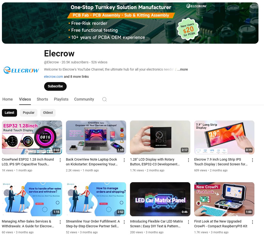 Screenshots of the Elecrow YouTube page