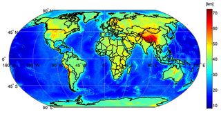 A map of the globe with the depth of the Moho, the boundary between Earth&#039;s crust and mantle