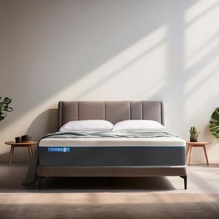 A render of the Simba Hybrid Pro mattress on a wooden bed frame in a bedroom