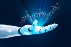 open robotic hand with a digital image of a bar chart above signaling stock market financial growth