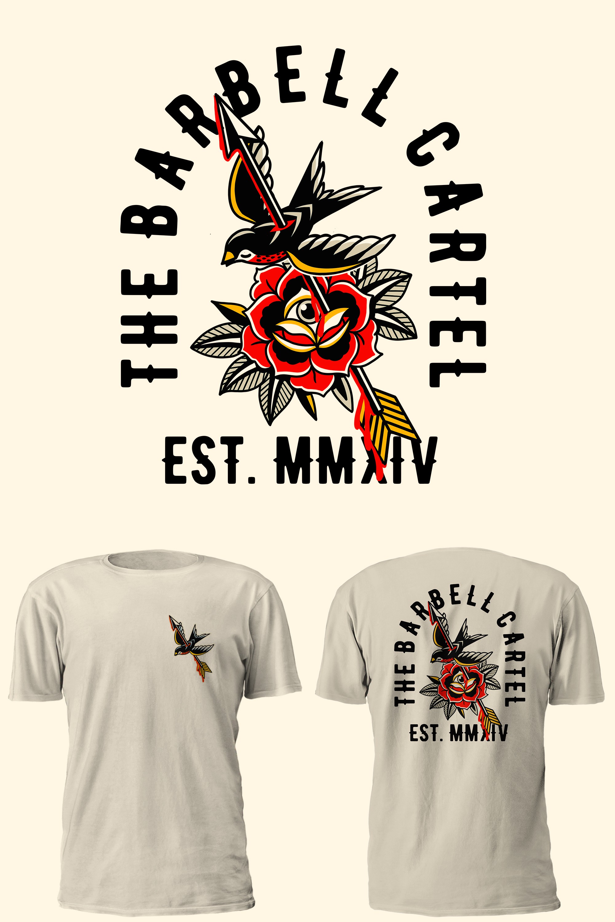 t-shirt design front and back views and the logo