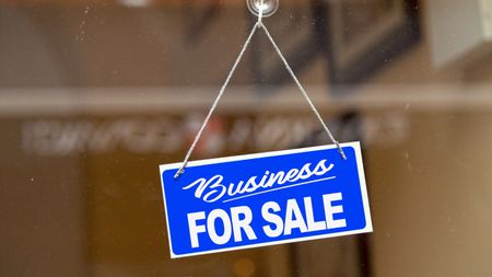 A "Business for Sale" sign hangs in a shop's window.