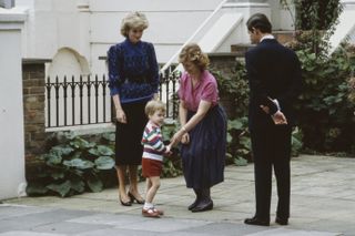 Princess Diana, Prince William, Prince Charles and Mrs Jane Mynor on his first day at nursery