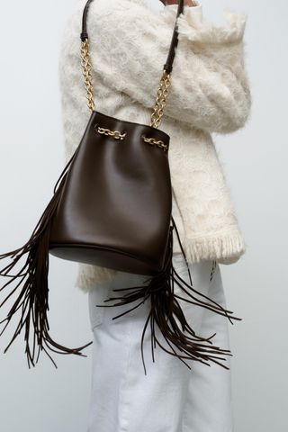 Fringed Cylindrical Bucket Bag