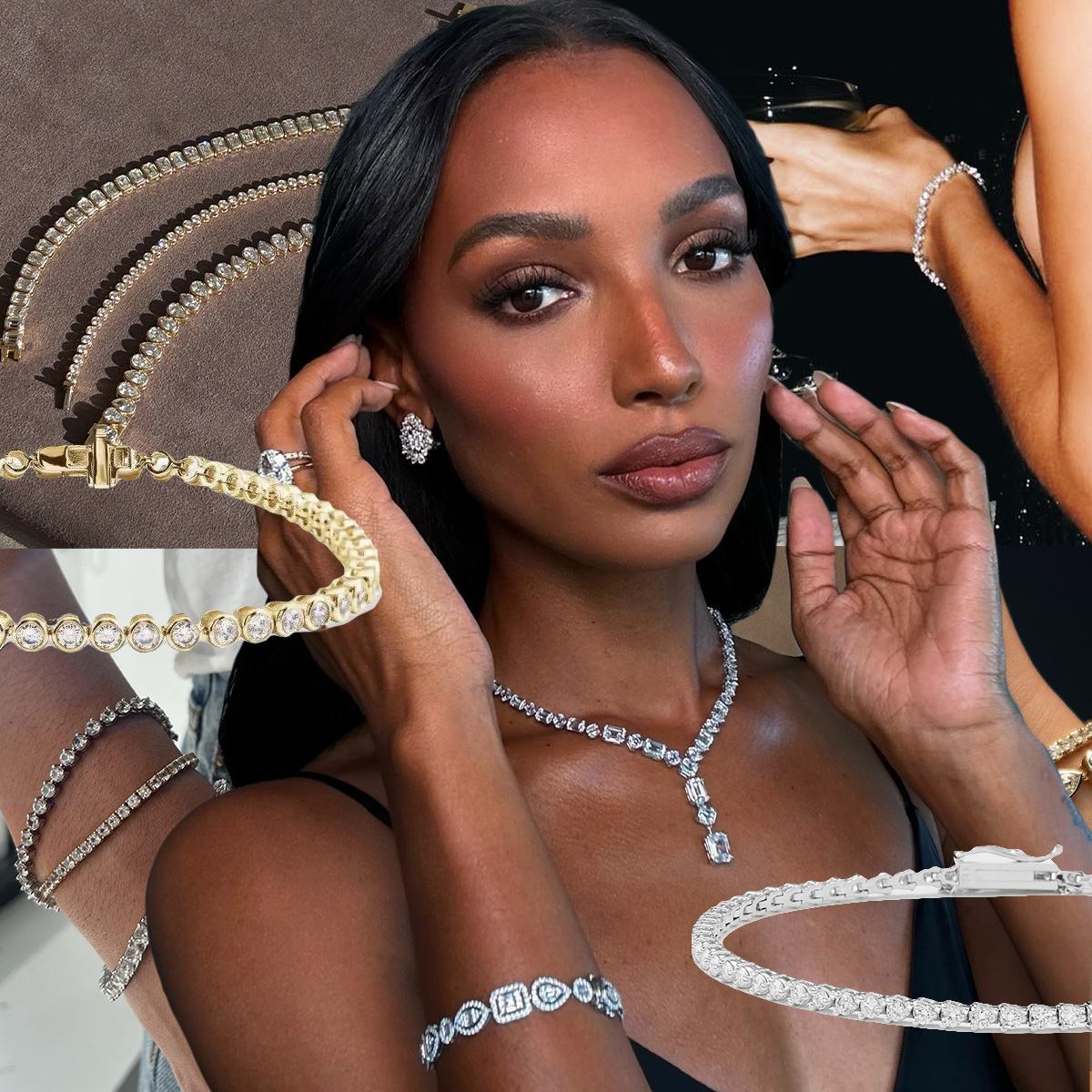 Collage of different women wearing tennis bracelets.