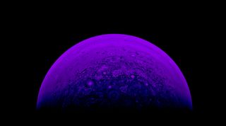 This image, processed by JunoCam participant SNO-80, brings out the blue and purple wavelengths captured by JunoCam.
