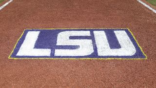 A general view of Louisiana State University's logo on the floor of a baseball stadium