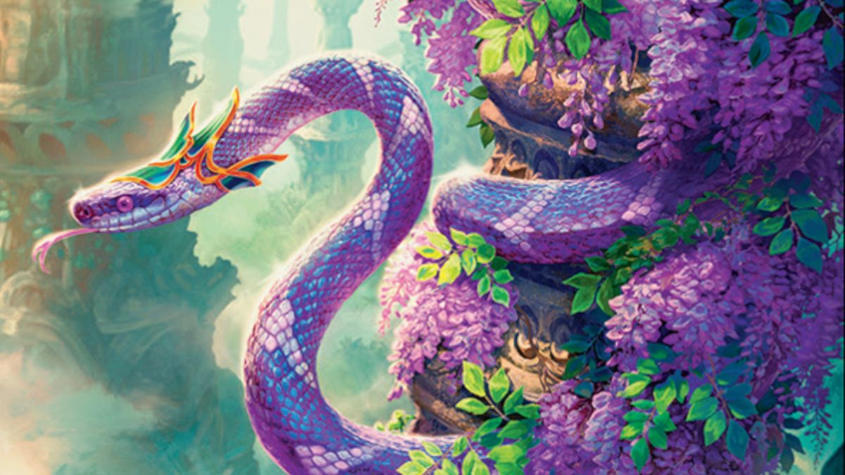 A purple snake wearing a green and gold crest coiled around a pillar with wisteria in bloom