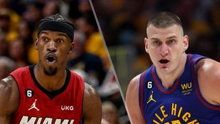 (L, R) Jimmy Butler and Nikola Jokic will face off in the Heat vs Nuggets live stream of Game 2 of the 2023 NBA Finals