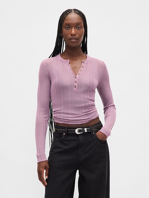 Sheer Rib Henley Sweater