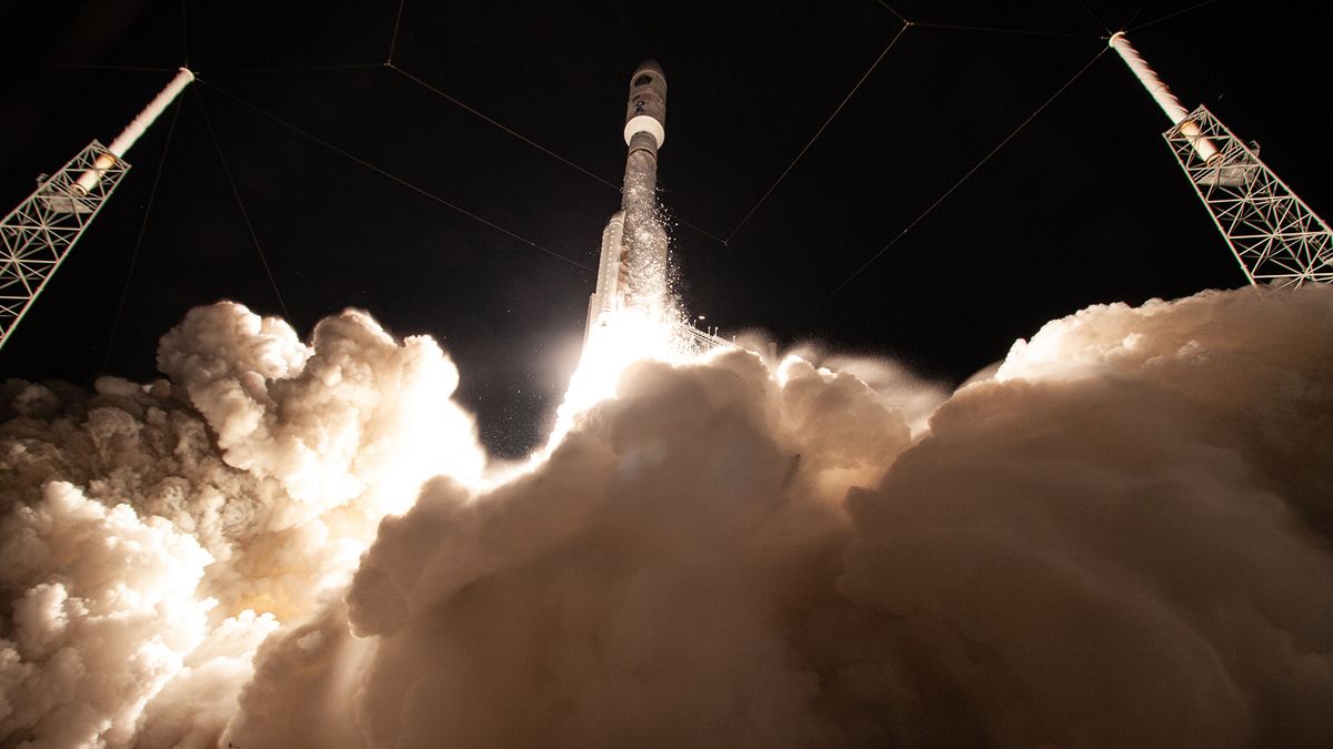 A United Launch Alliance (ULA) Atlas V rocket takes off on an Air Force mission on Aug. 8, 2019. SpaceX and ULA will share the job of carrying &quot;national security&quot; cargo for the military going forward, as the Pentagon rushes to retire the Atlas V and its Russian-made rocket engines.