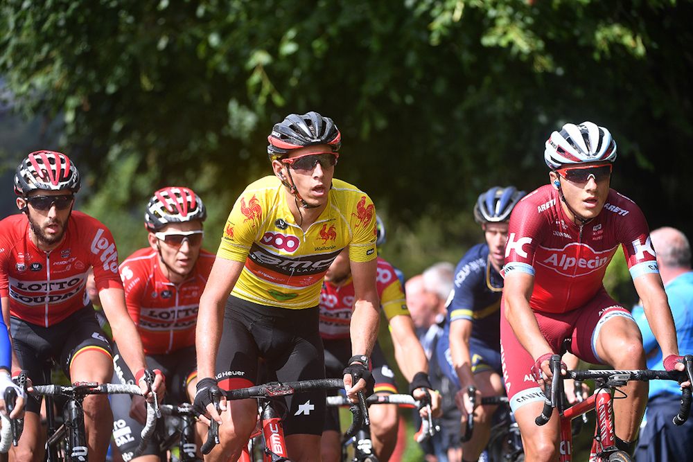 Dylan Teuns leads the group up a climb at Wallonie