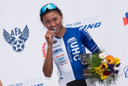 Coryn Rivera (UnitedHealthcare) shows off her medal after today's win.