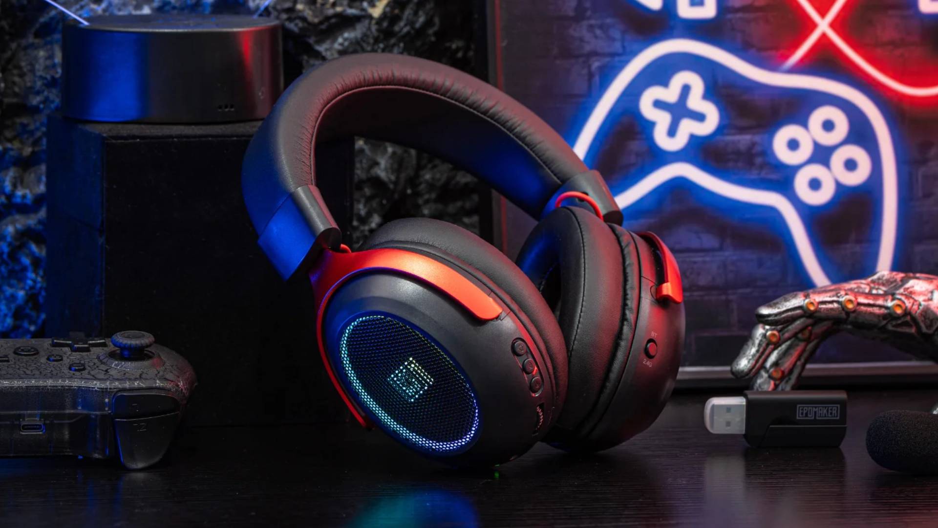 Official marketing image of the Epomaker GX1 gaming headset sitting on a black desk.