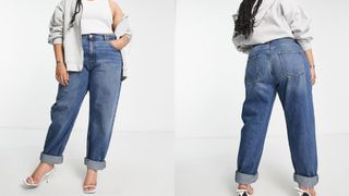 composite of model wearing ASOS DESIGN Curve Slouchy Mom Jeans in mid wash blue