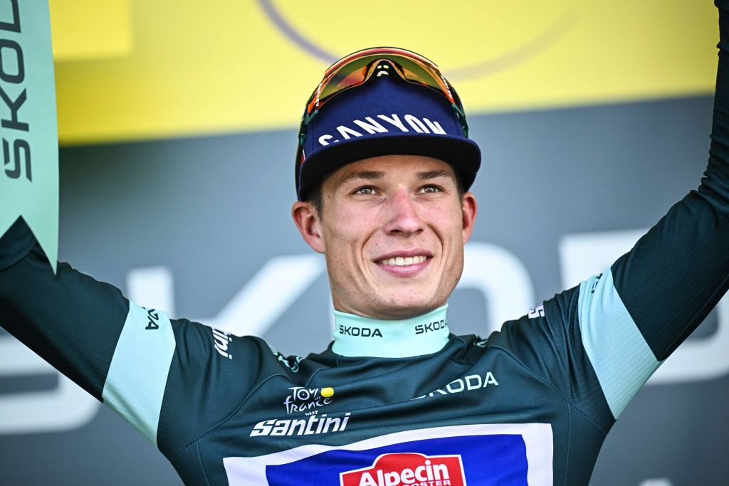 Belgian Jasper Philipsen of AlpecinDeceuninck celebrates on the podium in the green jersey of leader in the sprint ranking after stage 10 of the Tour de France cycling race a 1672 km race from Vulcania to Issoire France Tuesday 11 July 2023 This years Tour de France takes place from 01 to 23 July 2023 BELGA PHOTO JASPER JACOBS Photo by JASPER JACOBS BELGA MAG Belga via AFP Photo by JASPER JACOBSBELGA MAGAFP via Getty Images