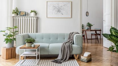Living room with mint blue couch