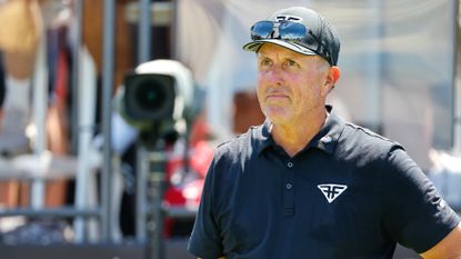 Phil Mickelson at the first tee during the final round of LIV Golf Bedminster 