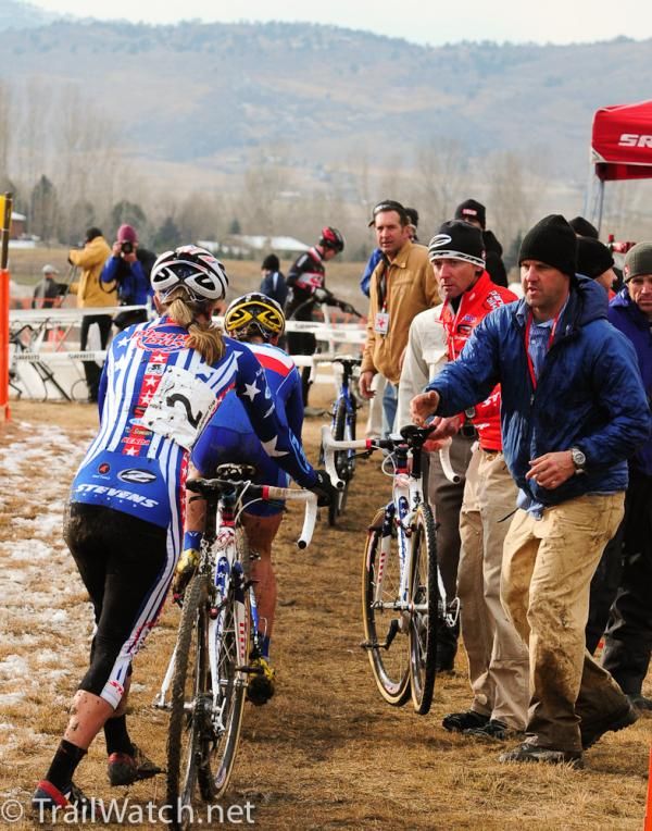 Compton heads in for a bike change.