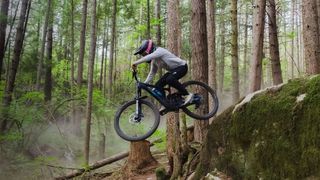 A rider on a Specialized e-bike riding through the woods
