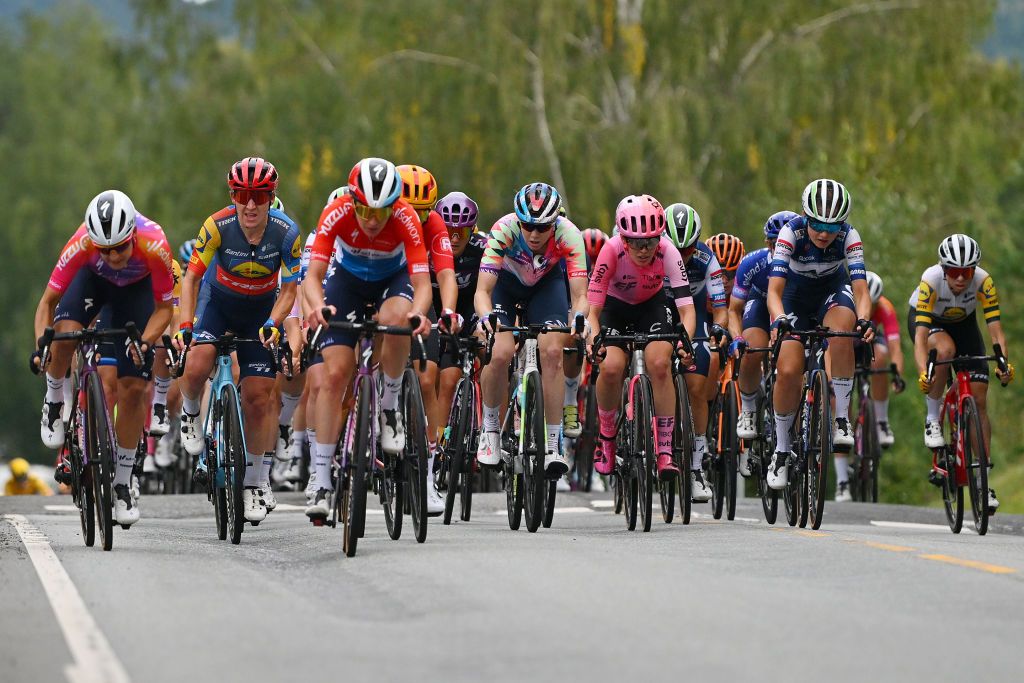 NOREFJELL NORWAY AUGUST 24 LR Lauretta Hanson of Australia and Team Lidl Trek Sarah Roy of Australia and Team CanyonSram Racing Clara Honsinger of The United States and Team EF Education Tibco Svb compete during the 9th Tour of Scandinavia 2023 Battle Of The North Stage 2 a 1505km stage from Vikersund to Norefjell 791m UCIWWT on August 24 2023 in Norefjell Norway Photo by Luc ClaessenGetty Images