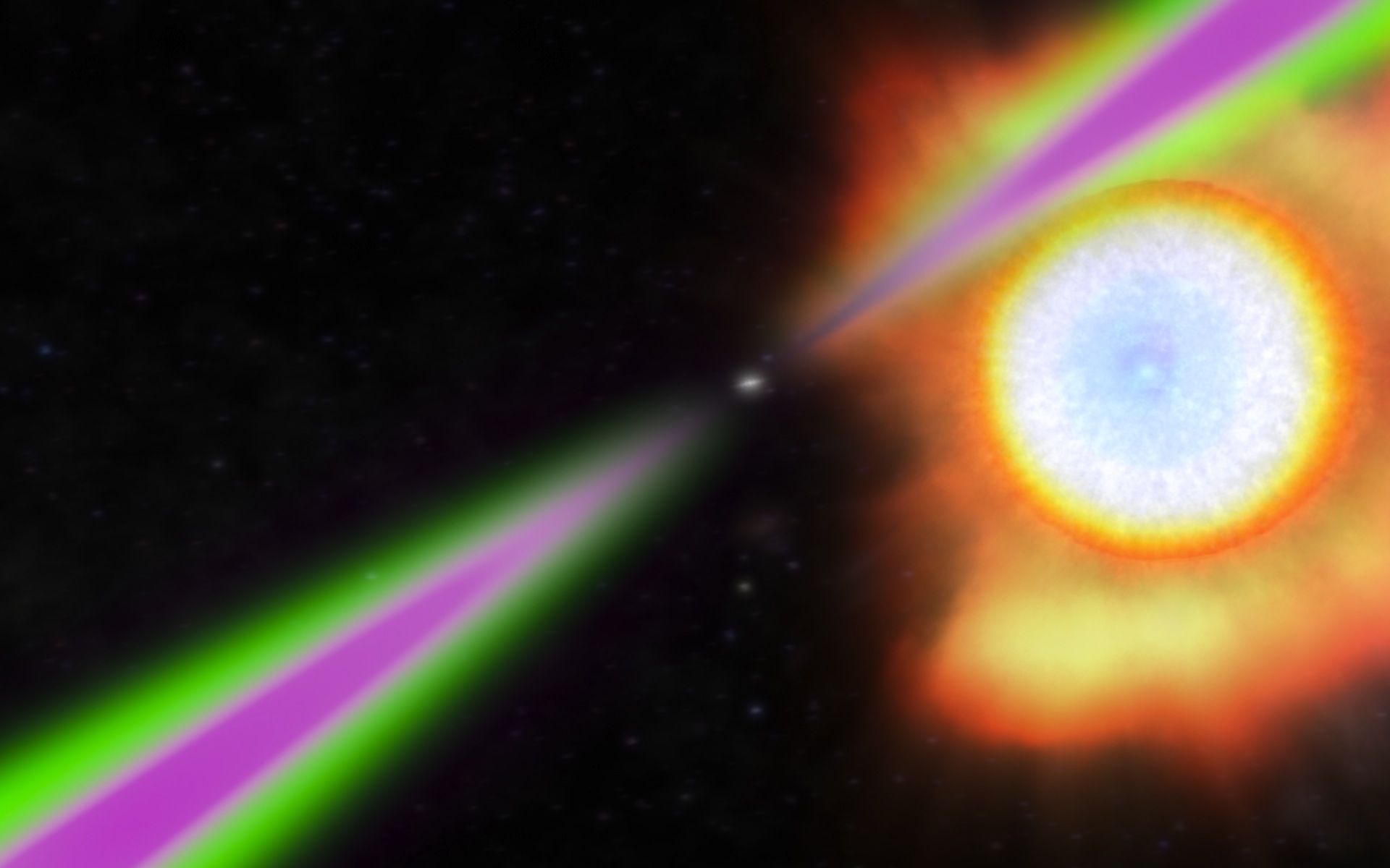 Spinning 390 times a second, the black widow pulsar PSR J1311âˆ’3430 periodically swings its radio (green) and gamma-ray (magenta) beams past Earth in this amazing space wallpaper.