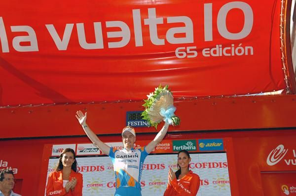 Tyler Farrar (Garmin - Transitions) celebrates his second career Vuelta stage win.