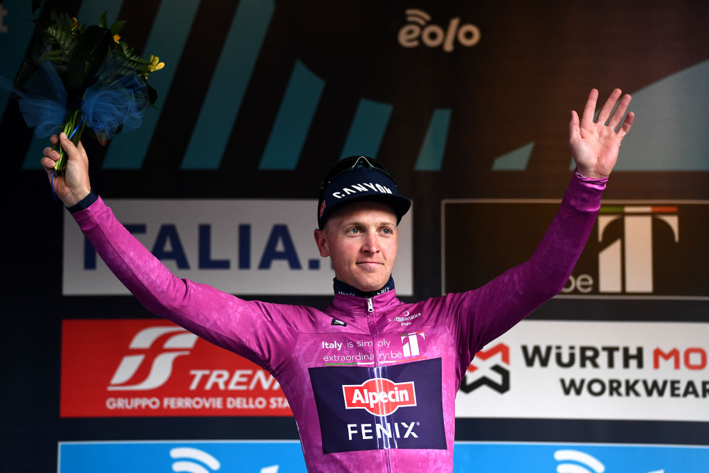 TERNI ITALY MARCH 09 Tim Merlier of Belgium and Team AlpecinFenix Purple Sprint Jersey celebrates at podium during the 57th TirrenoAdriatico 2022 Stage 3 a 170km stage from Murlo to Terni TirrenoAdriatico WorldTour on March 09 2022 in Terni Italy Photo by Tim de WaeleGetty Images