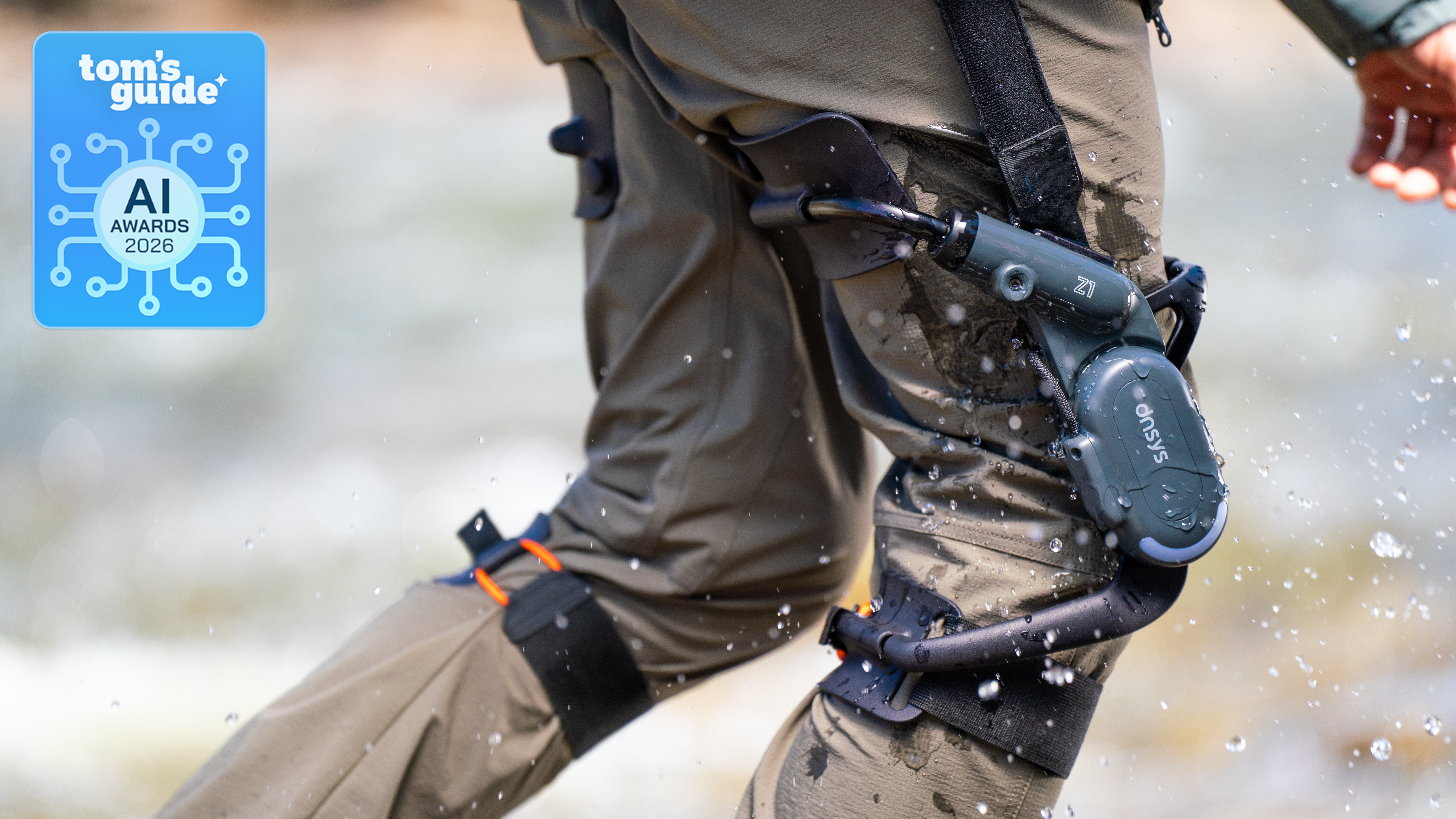A person wearing the Dnsys Z1 Exoskeleton with a Tom's Guide Awards 2026 badge