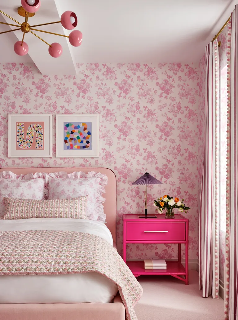 pink bedroom with hot pink nightstand