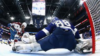 Artturi Lehkonen #62 of the Colorado Avalanche is stopped by Andrei Vasilevskiy #88 of the Tampa Bay Lightning in Game Six of the 2022 NHL Stanley Cup Final at Amalie Arena on June 26, 2022 in Tampa, Florida.