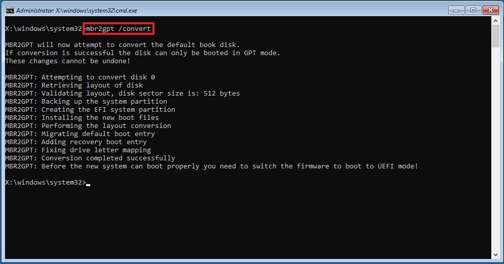 mbr2gpt convert command