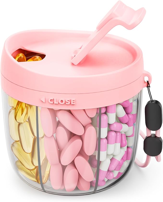 AMOOS, Amoos Cute Pill Dispenser With 7 Large Compartments, Portable Pill Bottle Organizer With Wide Opening for Easy Use, Anti-Mix Pill Organizer for Travel, Bpa-Free Pill Container, Pink