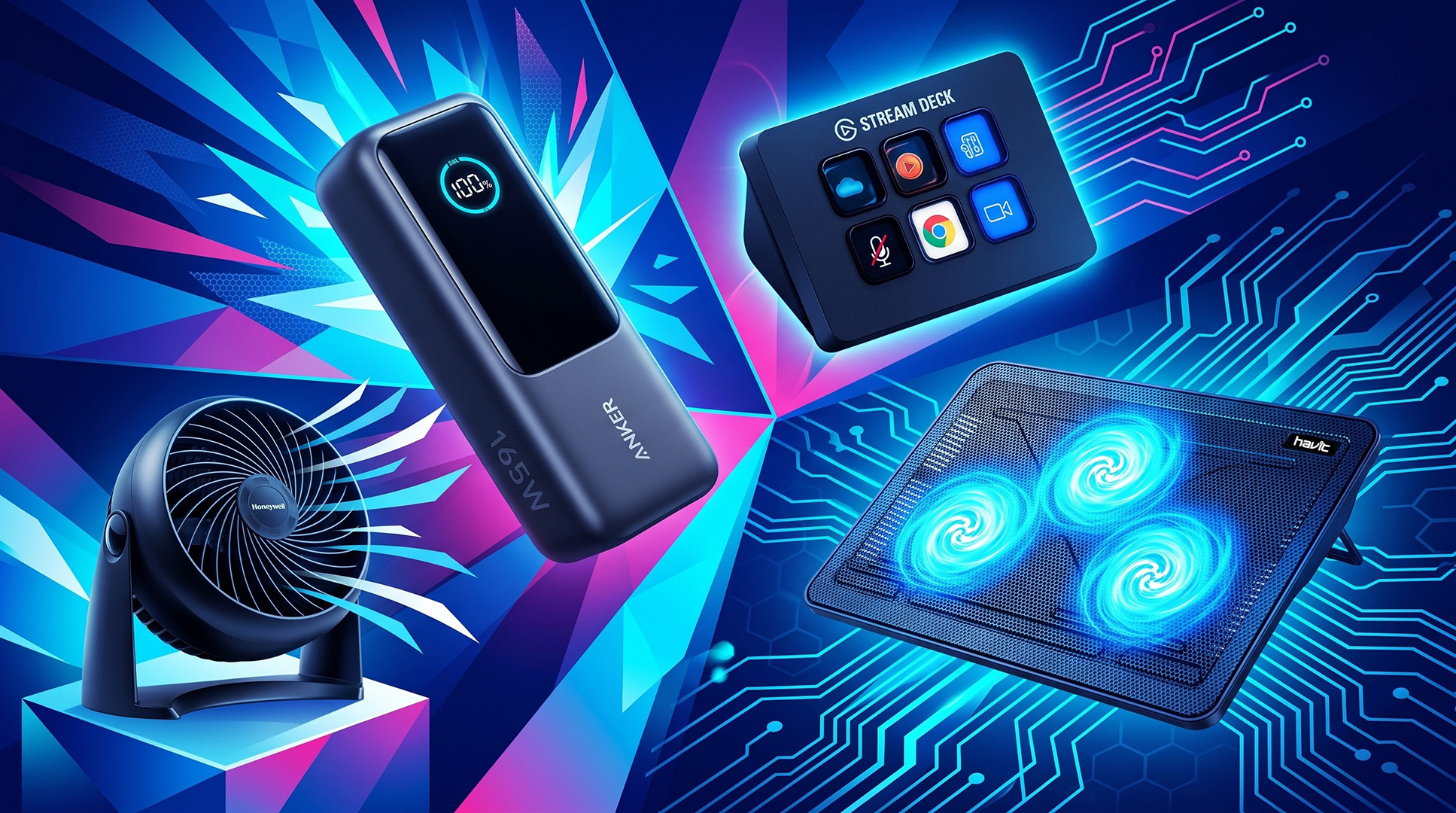 A selection of laptop accesories on a colorful background.