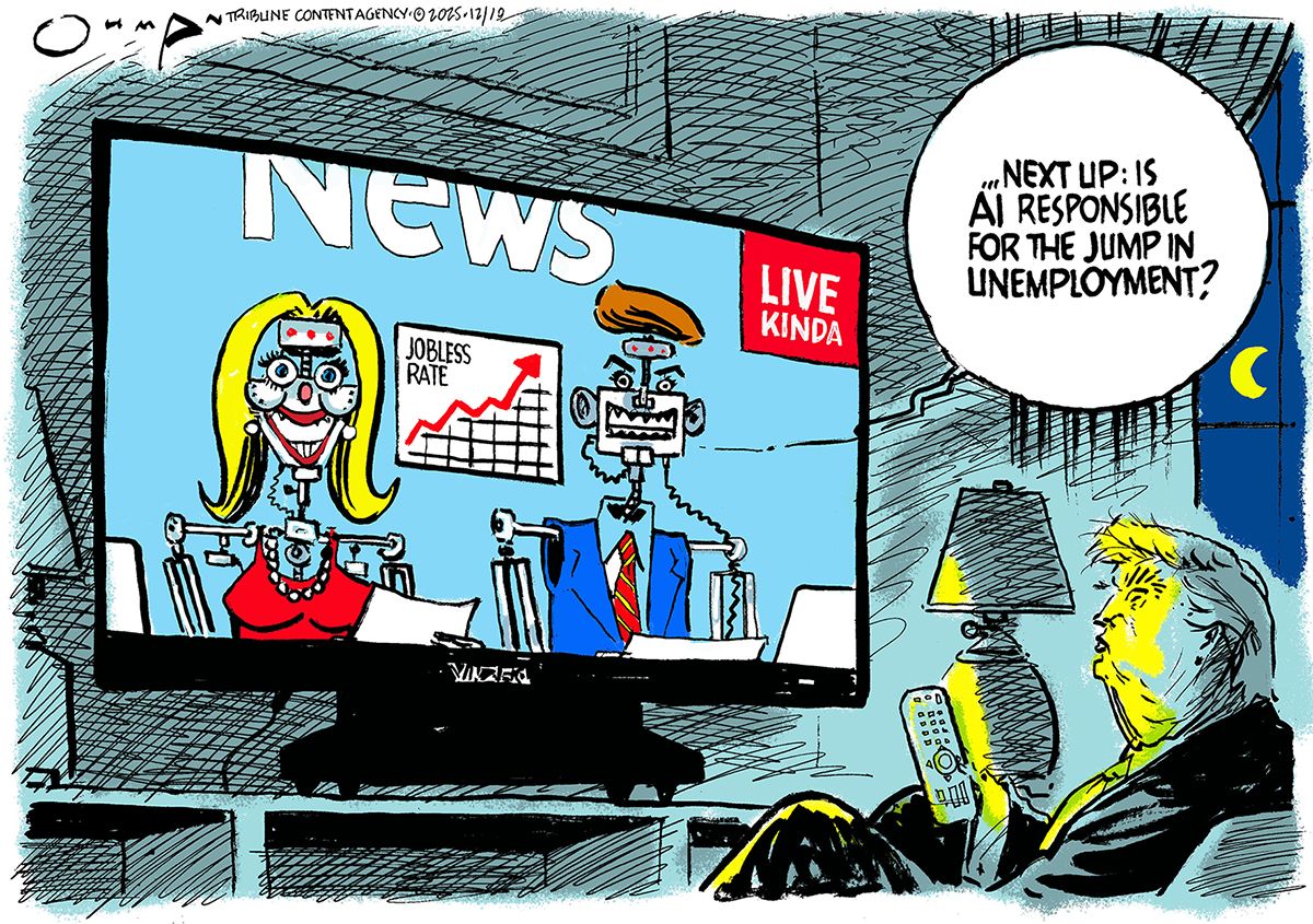 
                                Donald Trump watches a television where there are two robots doing the news. The robots are dressed like a man and a woman and a tag in the corner reads “LIVE, KINDA.” One of the robot says, “...Next up: is AI responsible for the jump in unemployment?”
                            