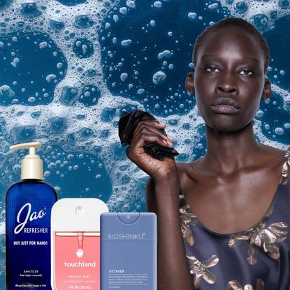 a woman on a bubble background with three bottles of hand sanitizer