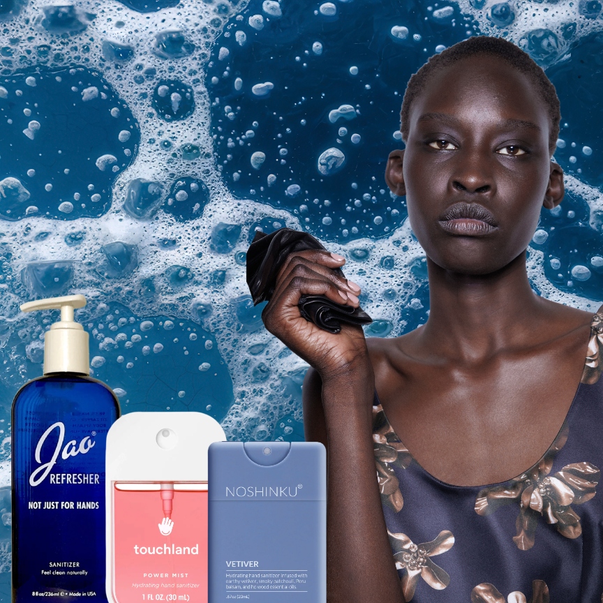 a woman on a bubble background with three bottles of hand sanitizer