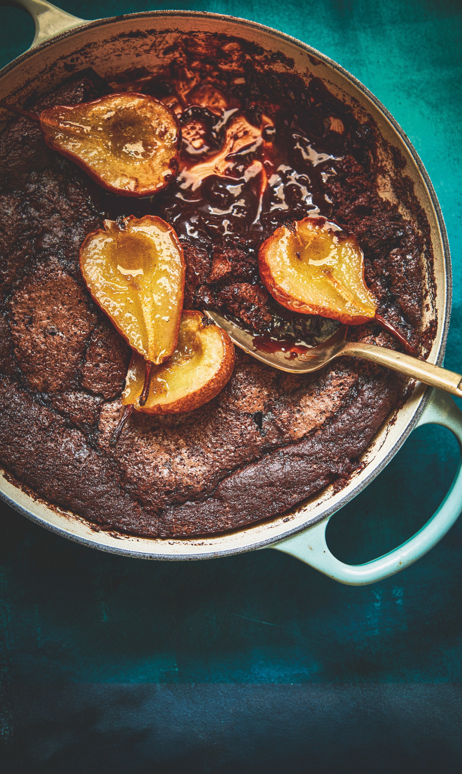 Self-saucing chocolate pud with caramelised pears