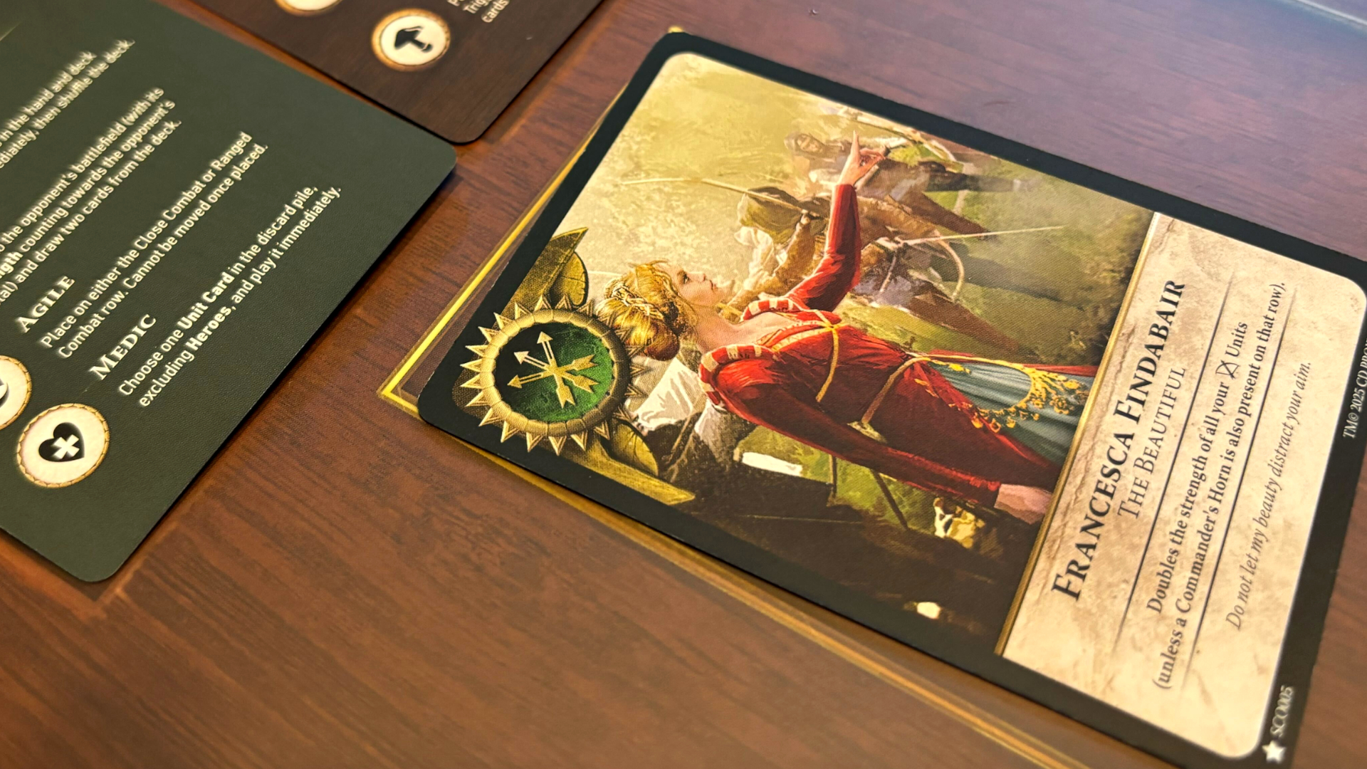 Gwent card depicting Francesca Findabair on a wood-effect surface