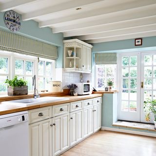 kitchen with blue walls and white drawers