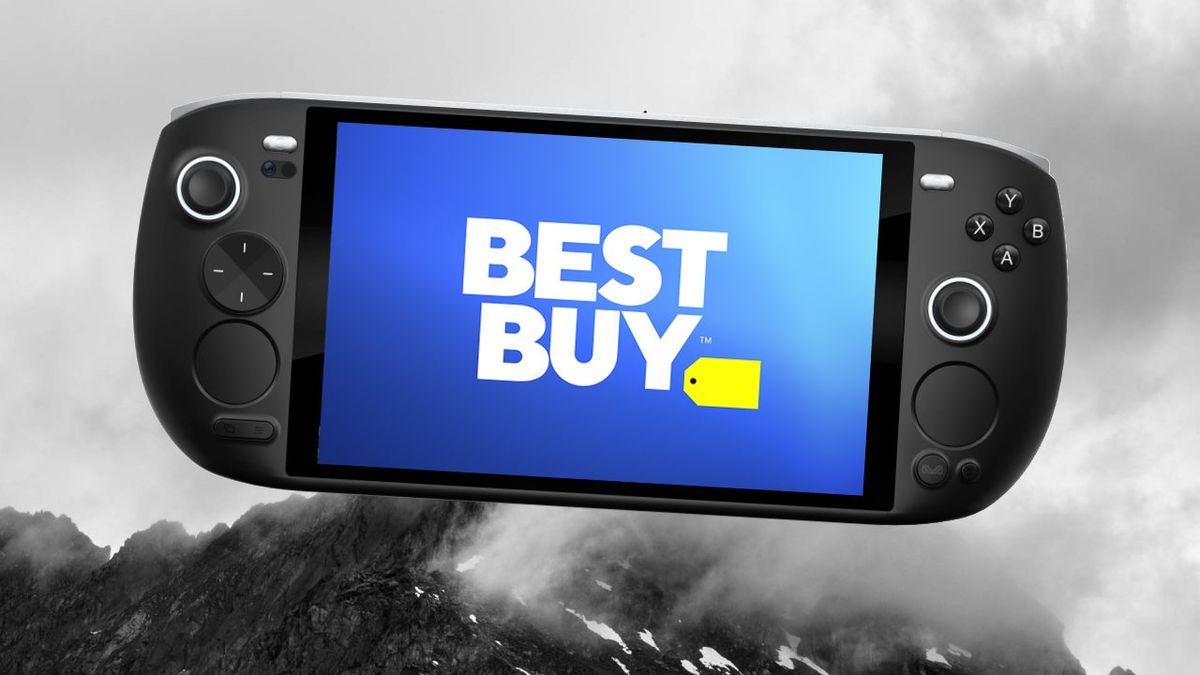 Ayaneo Kun handheld with Best Buy logo on screen and mountains in backdrop