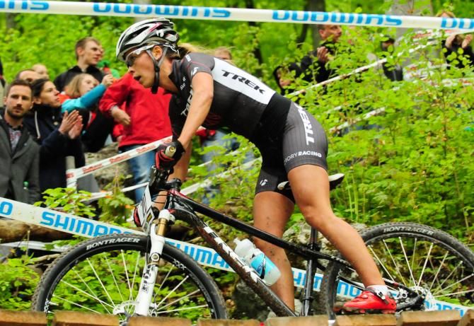 Emily Batty (Trek Factory Racing) on a bridge at the top of the course
