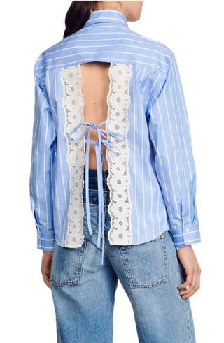 Davie Stripe Lace Accent Open Back Cotton Button-Up Shirt