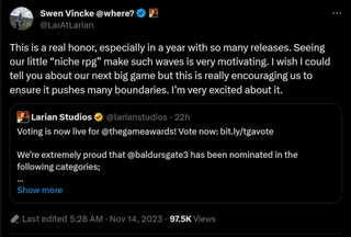 This is a real honor, especially in a year with so many releases. Seeing our little “niche rpg” make such waves is very motivating. I wish I could tell you about our next big game but this is really encouraging us to ensure it pushes many boundaries. I’m very excited about it.