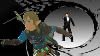 Link from The Legend of Zelda: Tears of the Kingdom running away from GoldenEye 007 shot scene