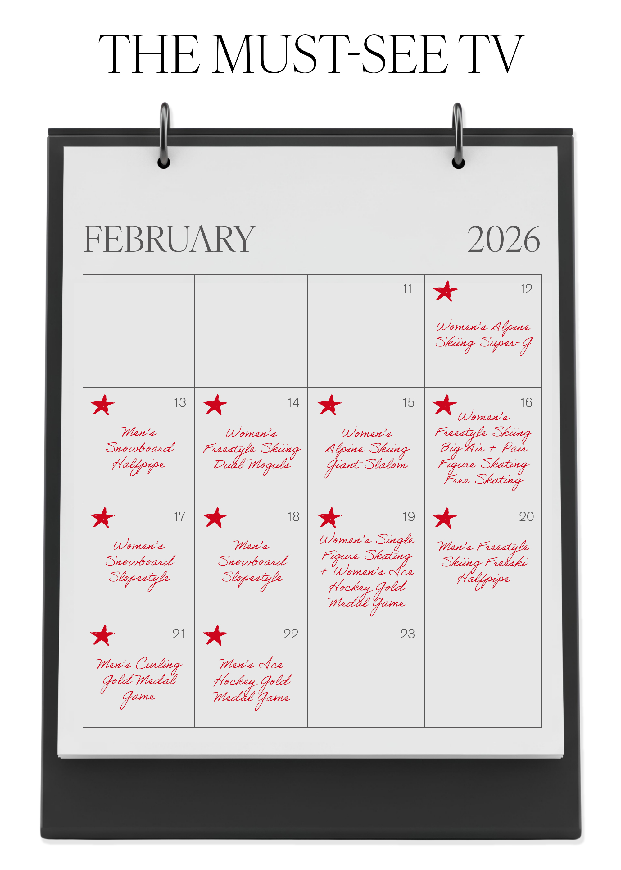 A drawn calendar of 2026 Winter Olympics events between February 12 and February 22.