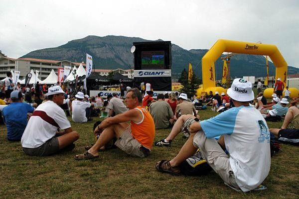 The Tour de France on the start village big screen.
